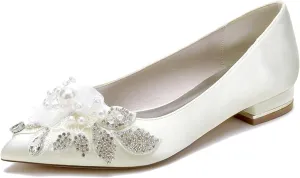 Pointed Toe Bridesmaid Flats Shoes Wedding Dress Pearl Bridal Shoes Womens Party Lace Evening Shoes