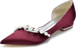 Pointed Toe Pearl Wedding Flats Comfortable Low Heels Slip On Champagne Wedding Shoes for Bride Satin Bridal Shoes Dress Pumps for Women