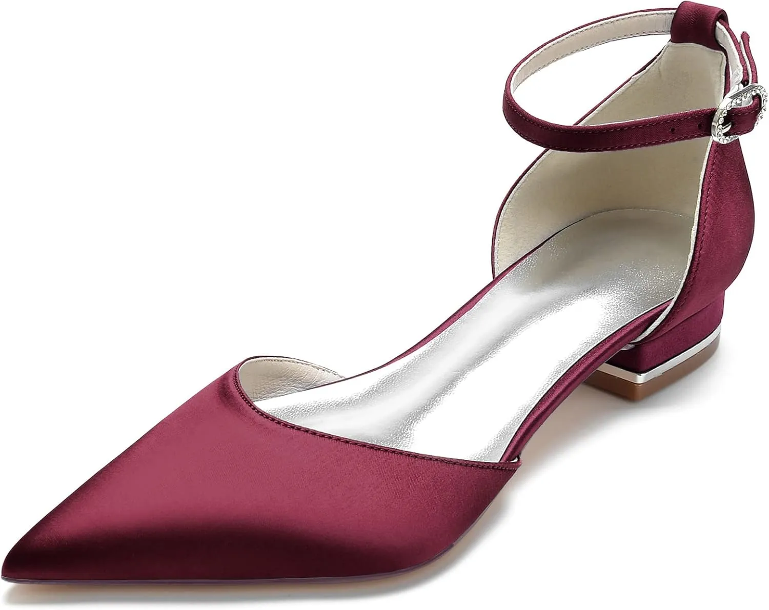 Pointed Toe Satin Wedding Flats Comfortable Wedding Shoes for Bride Low Heels Ankle Strap Bridal Flats Evening Prom Party Dress Shoes Pumps for Women