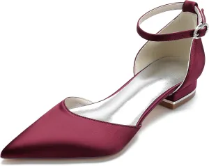 Pointed Toe Satin Wedding Flats Comfortable Wedding Shoes for Bride Low Heels Ankle Strap Bridal Flats Evening Prom Party Dress Shoes Pumps for Women