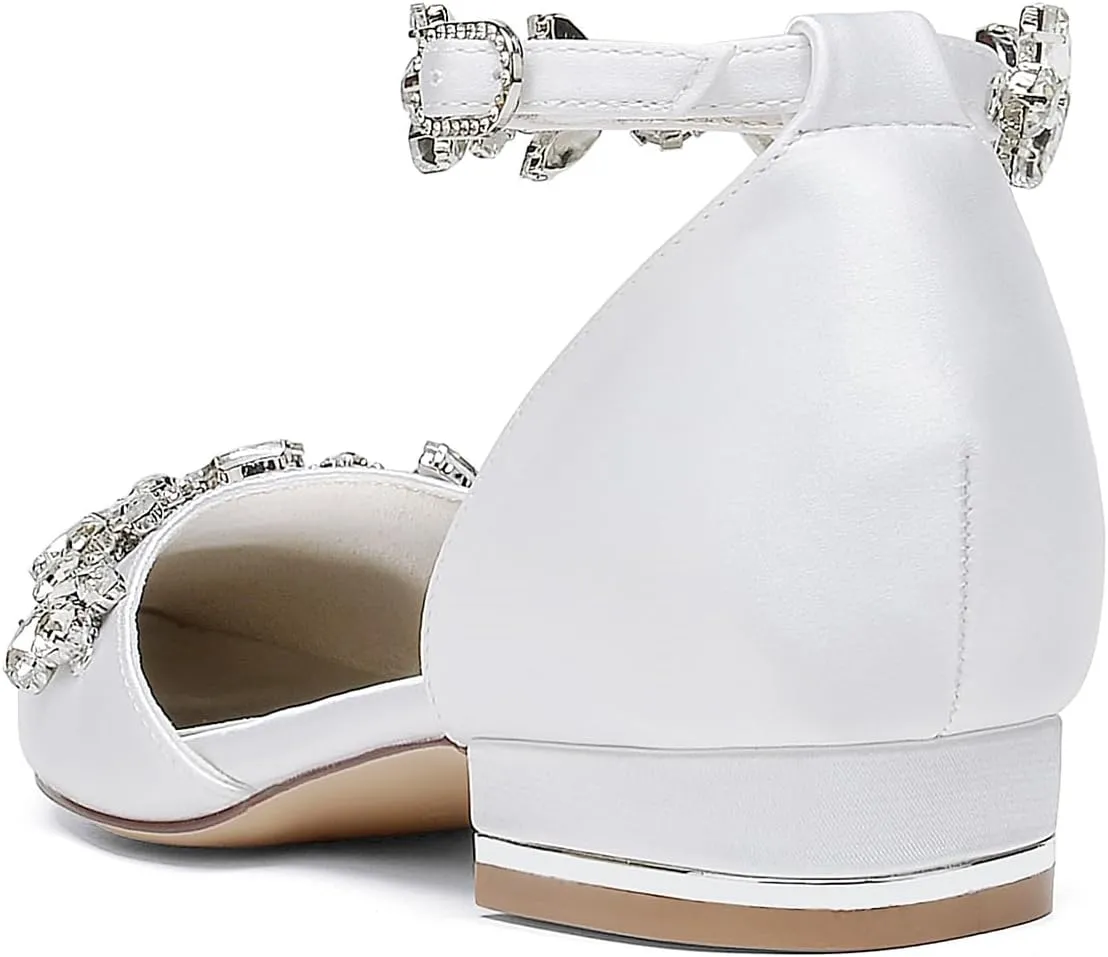 Pointed Toe Satin Wedding Flats for Bride Comfortable Rhinestones White Wedding Shoes Low Heels Bridal Flats Evening Prom Party Dress Shoes Pumps for Women