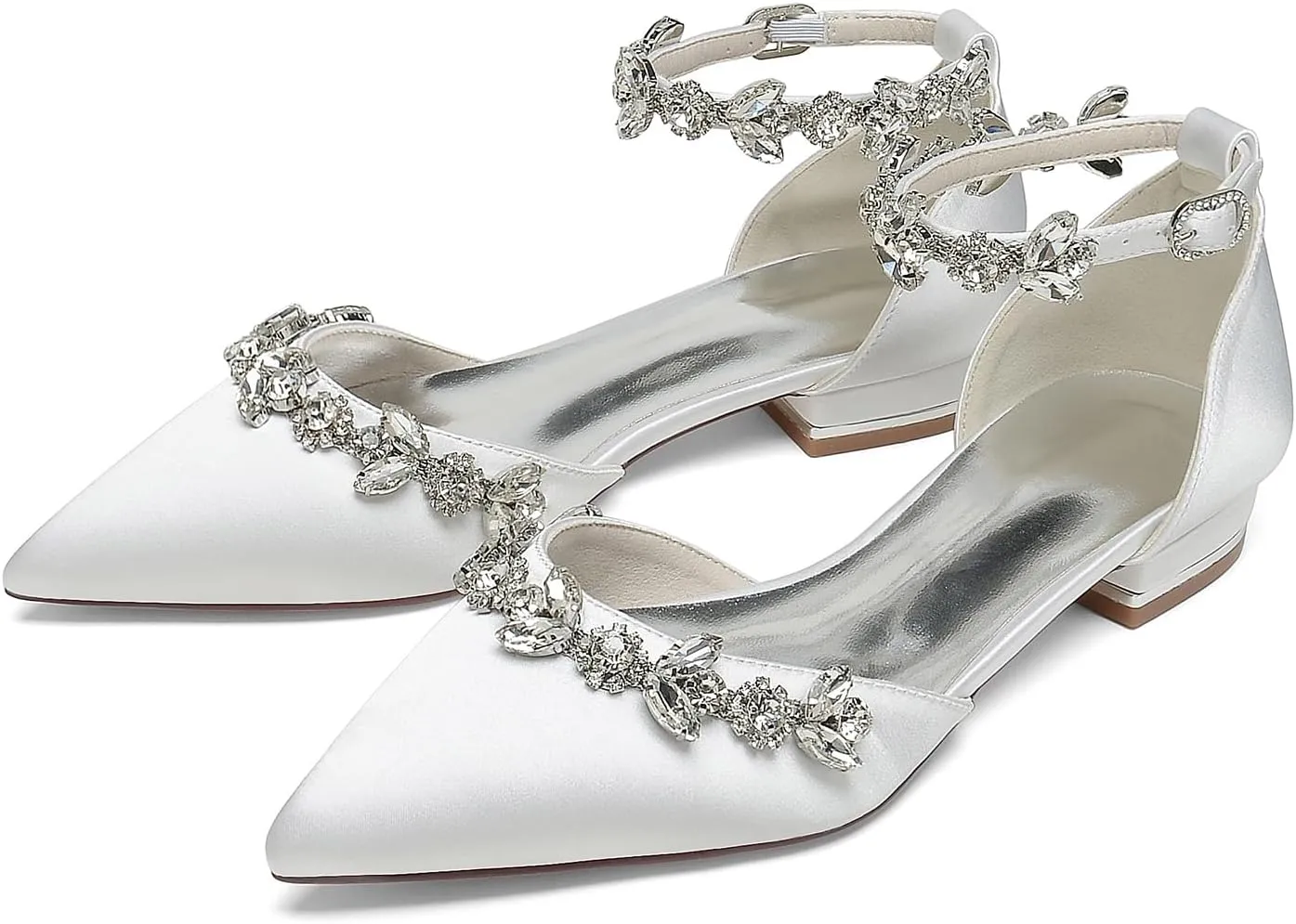 Pointed Toe Satin Wedding Flats for Bride Comfortable Rhinestones White Wedding Shoes Low Heels Bridal Flats Evening Prom Party Dress Shoes Pumps for Women