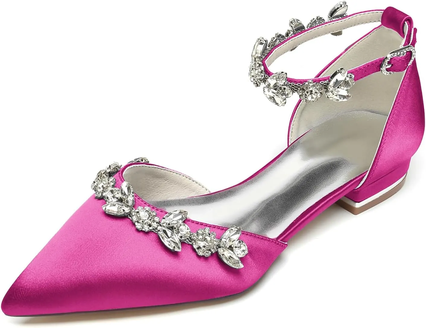 Pointed Toe Satin Wedding Flats for Bride Comfortable Rhinestones White Wedding Shoes Low Heels Bridal Flats Evening Prom Party Dress Shoes Pumps for Women