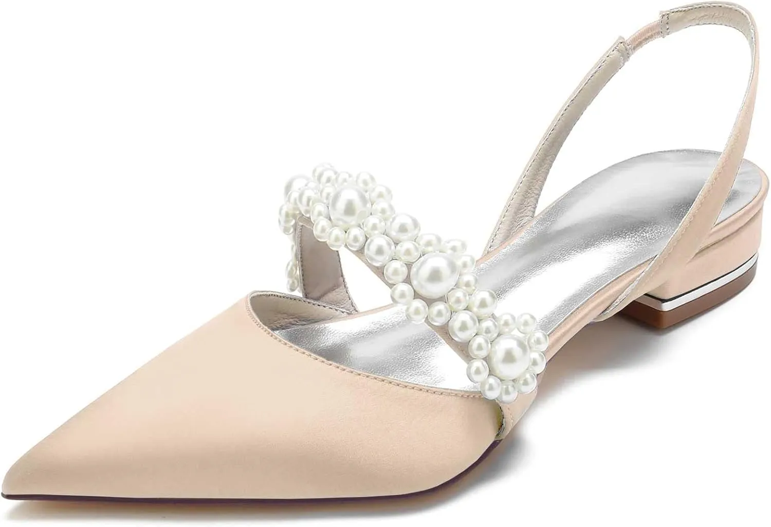 Pointed Women's Satin Pearl Wedding Flats Slingback Flats For Bride Prom Evening Bridal Party Dress Flats