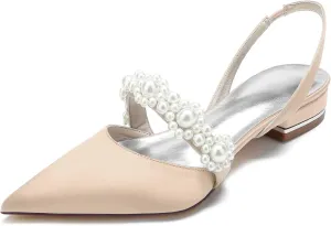 Pointed Women's Satin Pearl Wedding Flats Slingback Flats For Bride Prom Evening Bridal Party Dress Flats