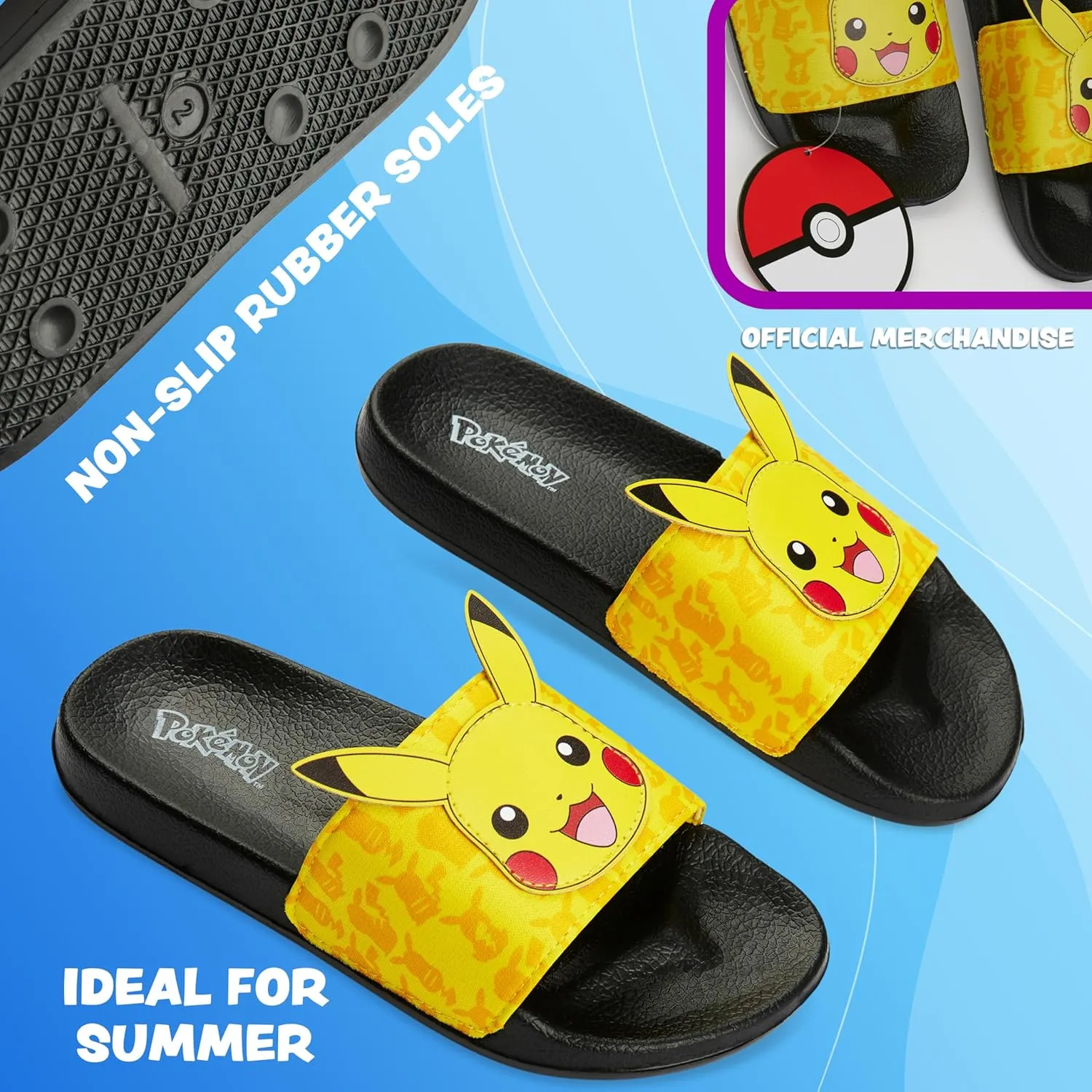 Pokemon Boys Slides, Beach or Pool Shoes for Kids - Gamer Gifts