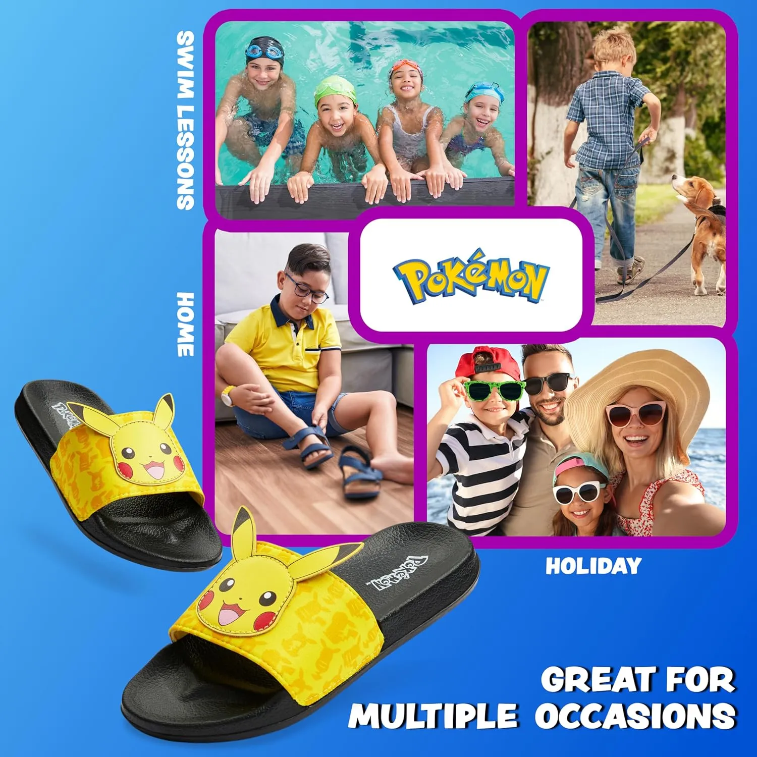 Pokemon Boys Slides, Beach or Pool Shoes for Kids - Gamer Gifts