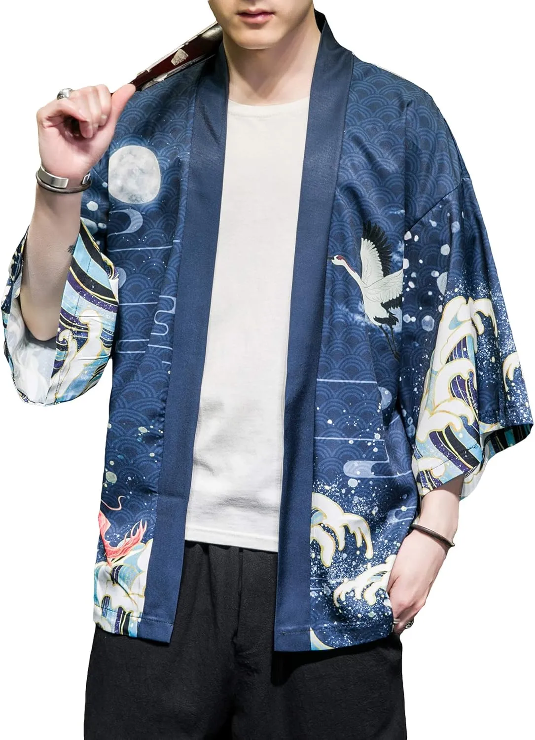 PRIJOUHE Men's Japanese Kimono Cardigan Jackets Casual Long Sleeve Open Front Coat Lightweight Yukata Outwear