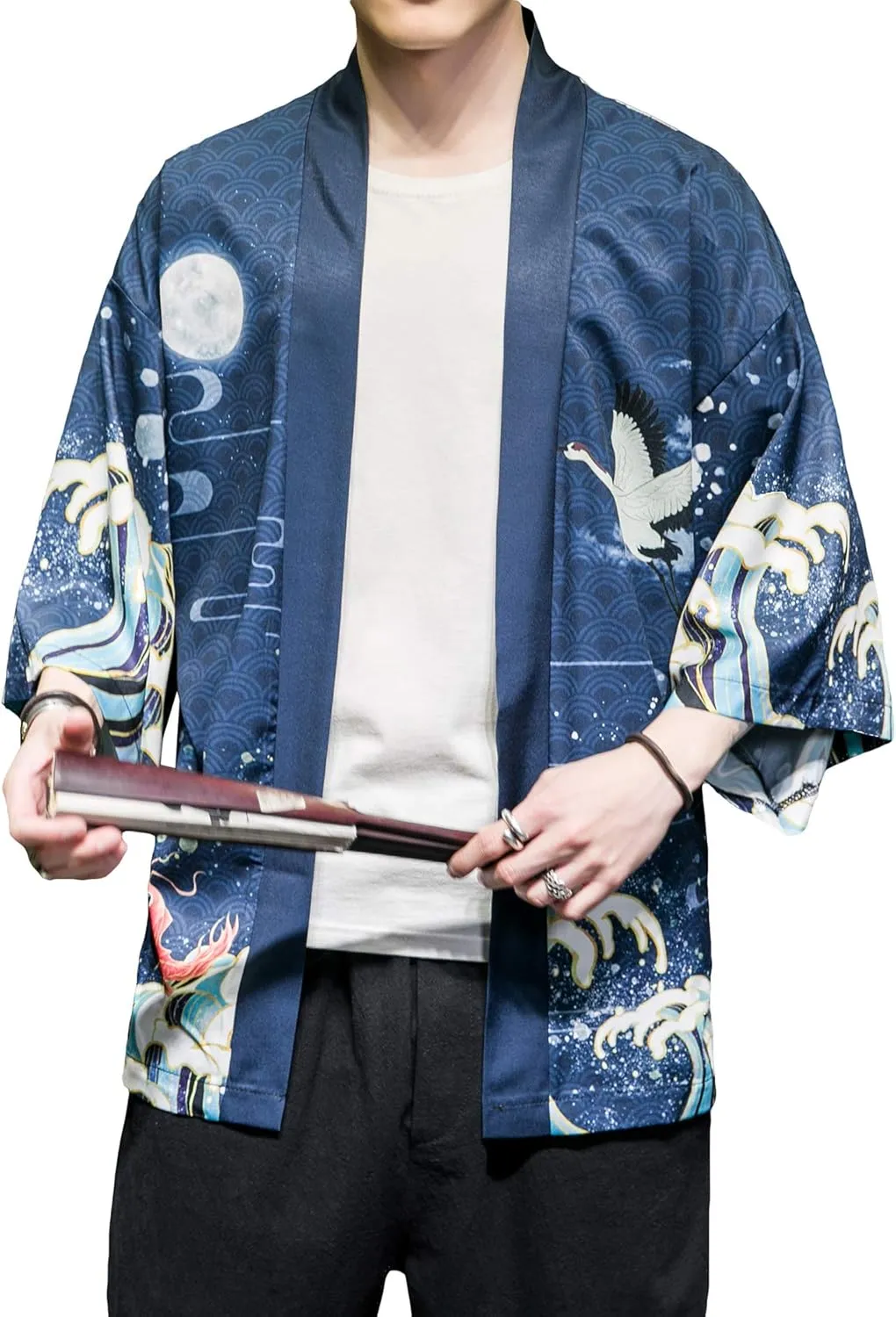 PRIJOUHE Men's Japanese Kimono Cardigan Jackets Casual Long Sleeve Open Front Coat Lightweight Yukata Outwear