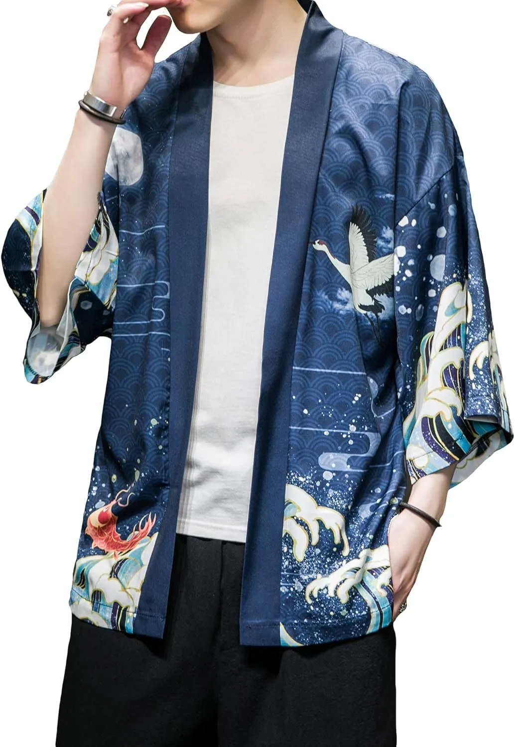 PRIJOUHE Men's Japanese Kimono Cardigan Jackets Casual Long Sleeve Open Front Coat Lightweight Yukata Outwear