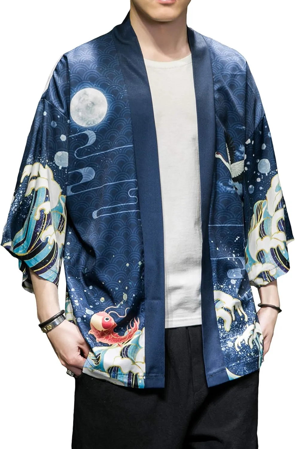 PRIJOUHE Men's Japanese Kimono Cardigan Jackets Casual Long Sleeve Open Front Coat Lightweight Yukata Outwear