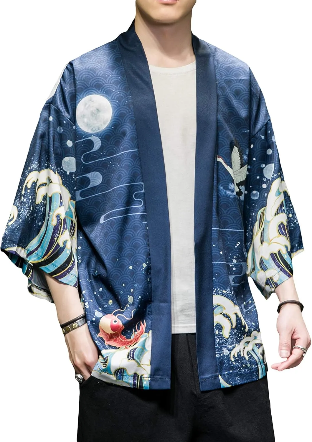PRIJOUHE Men's Japanese Kimono Cardigan Jackets Casual Long Sleeve Open Front Coat Lightweight Yukata Outwear