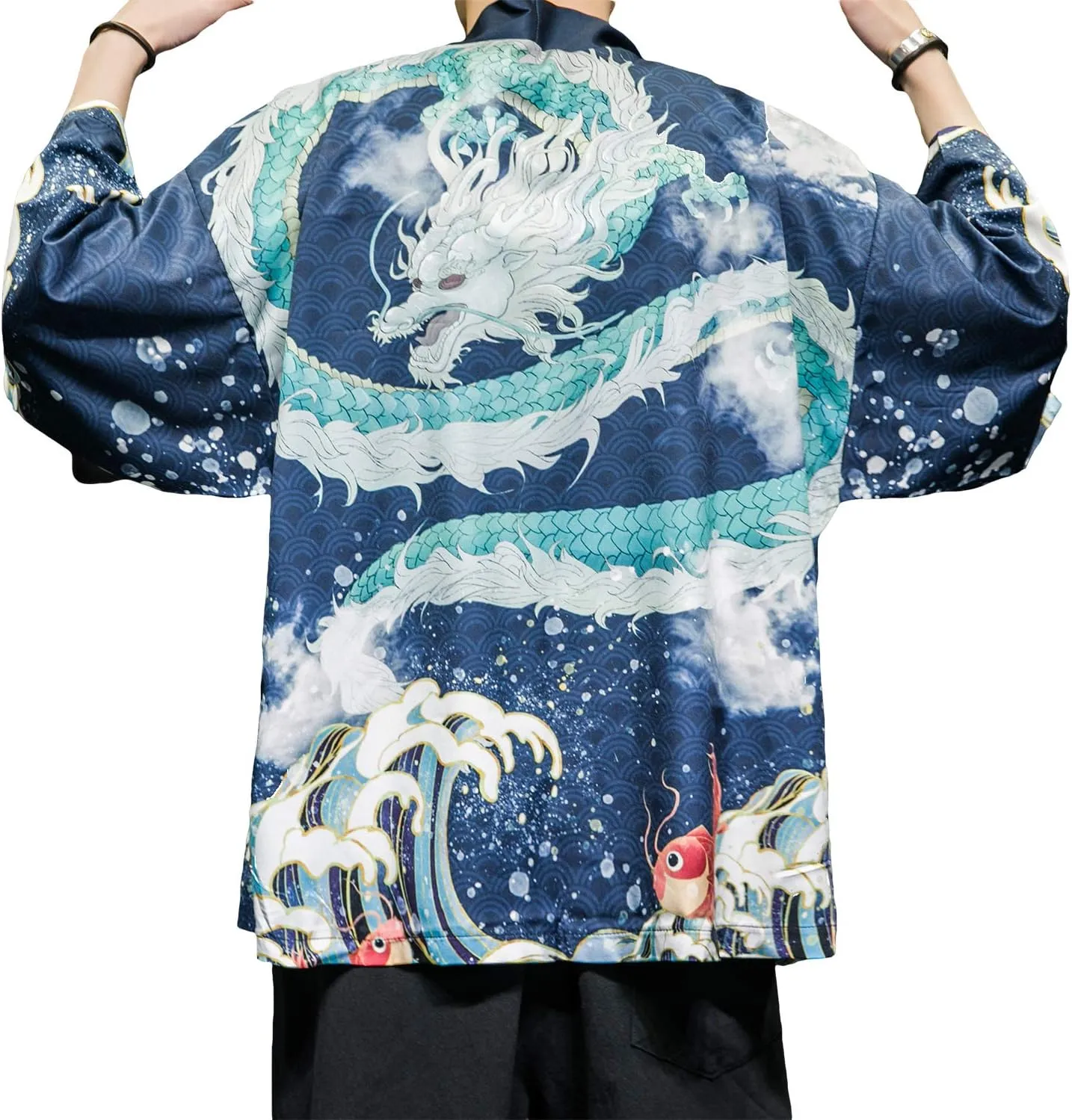 PRIJOUHE Men's Japanese Kimono Cardigan Jackets Casual Long Sleeve Open Front Coat Lightweight Yukata Outwear
