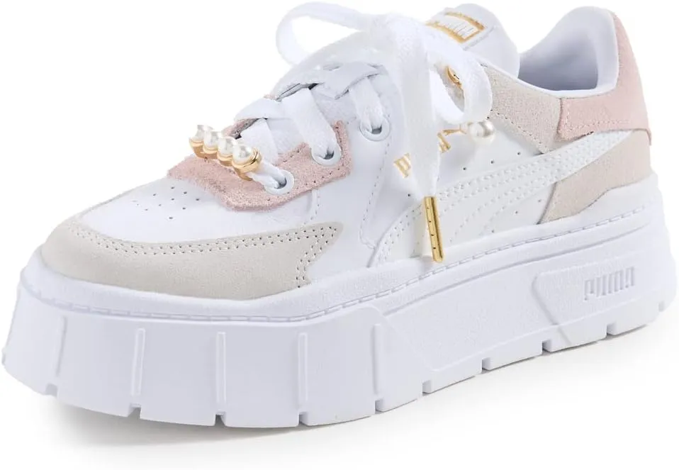 PUMA Women's Mayze Stack Edgy Pearl Sneakers, Puma White-Marshmallow-Gold, 9.5 Medium US