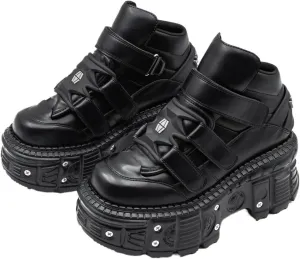 Punk Style Women Shoes Lace-up Heel Height 6CM Platform Shoes Woman Metal Decor Woman Sneakers Gothic Ankle Rock Boots ﻿