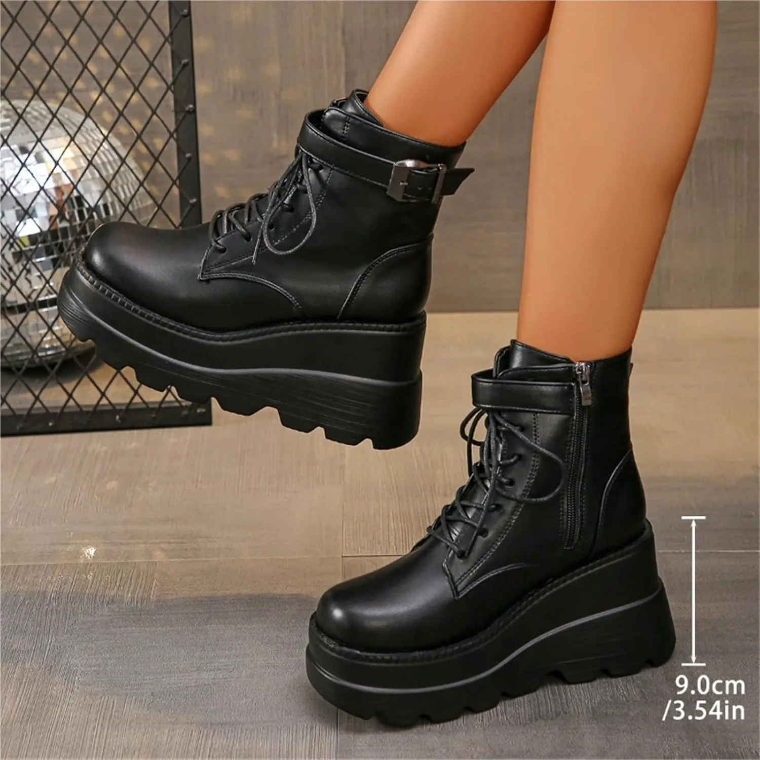 Punk Style Women Shoes Lace-up Heel Height 9CM Platform Shoes Woman Gothic Ankle Rock Boots Metal Decor Woman Sneakers