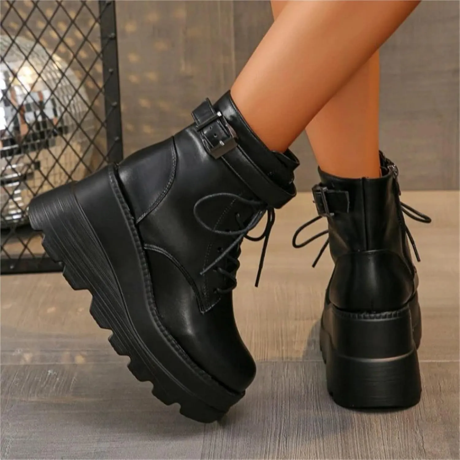 Punk Style Women Shoes Lace-up Heel Height 9CM Platform Shoes Woman Gothic Ankle Rock Boots Metal Decor Woman Sneakers