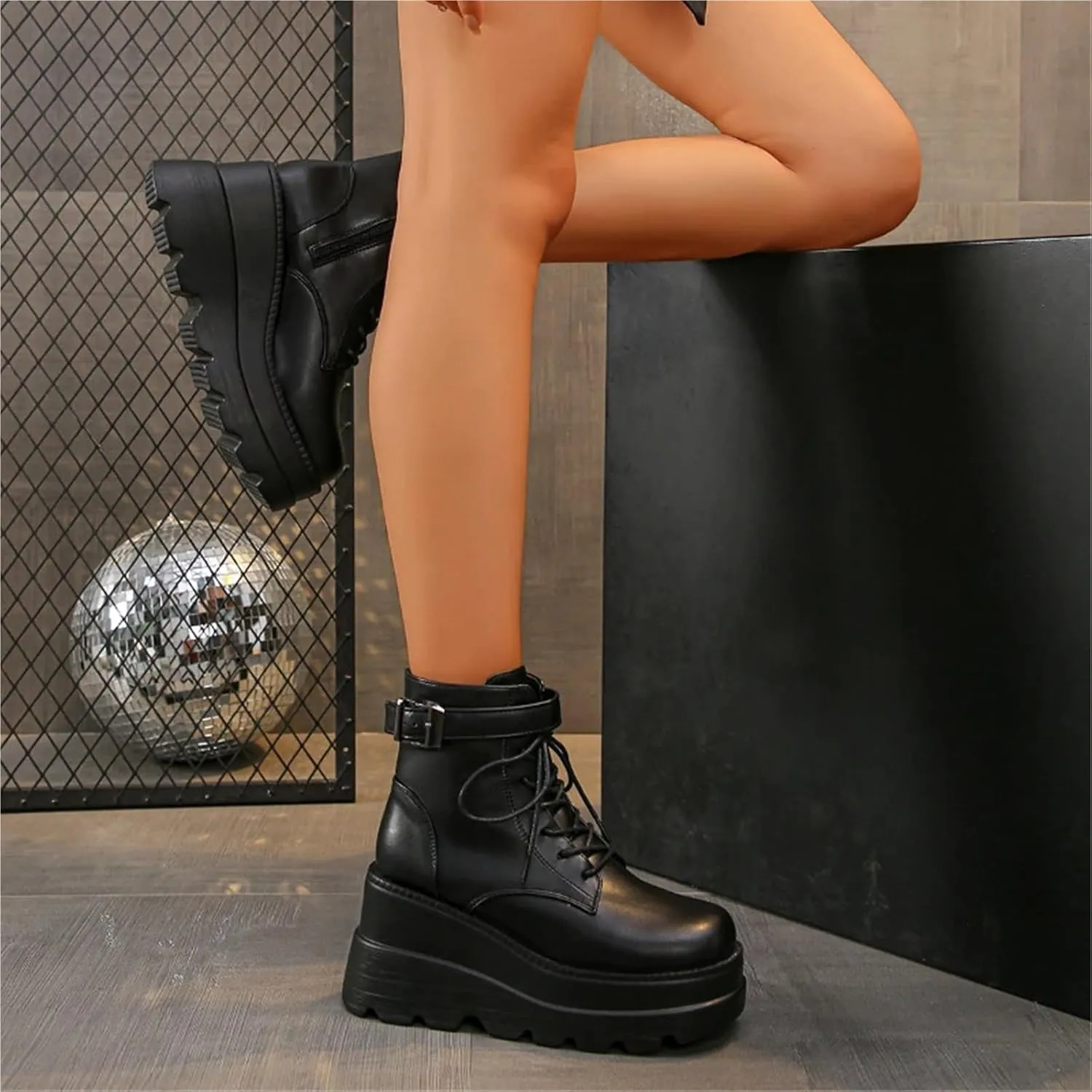 Punk Style Women Shoes Lace-up Heel Height 9CM Platform Shoes Woman Gothic Ankle Rock Boots Metal Decor Woman Sneakers