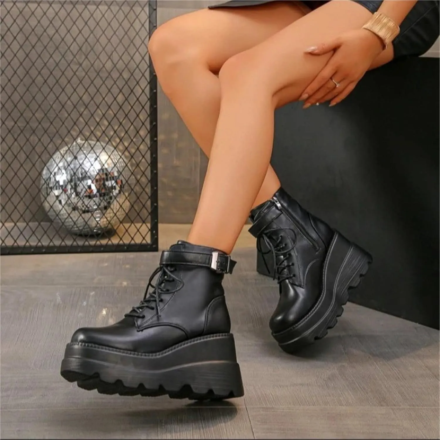Punk Style Women Shoes Lace-up Heel Height 9CM Platform Shoes Woman Gothic Ankle Rock Boots Metal Decor Woman Sneakers