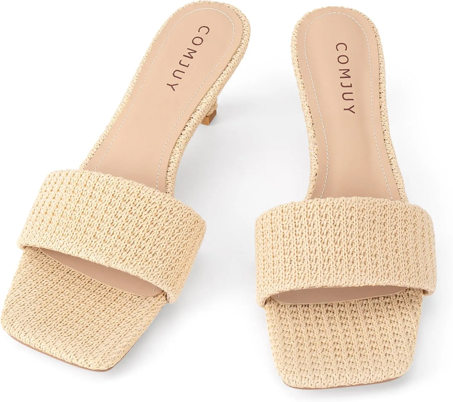 Raffia Mule Sandals for Women Square Toe Slip On Kitten Heels Woven Heeled Slides for Summer Dress and Vacation