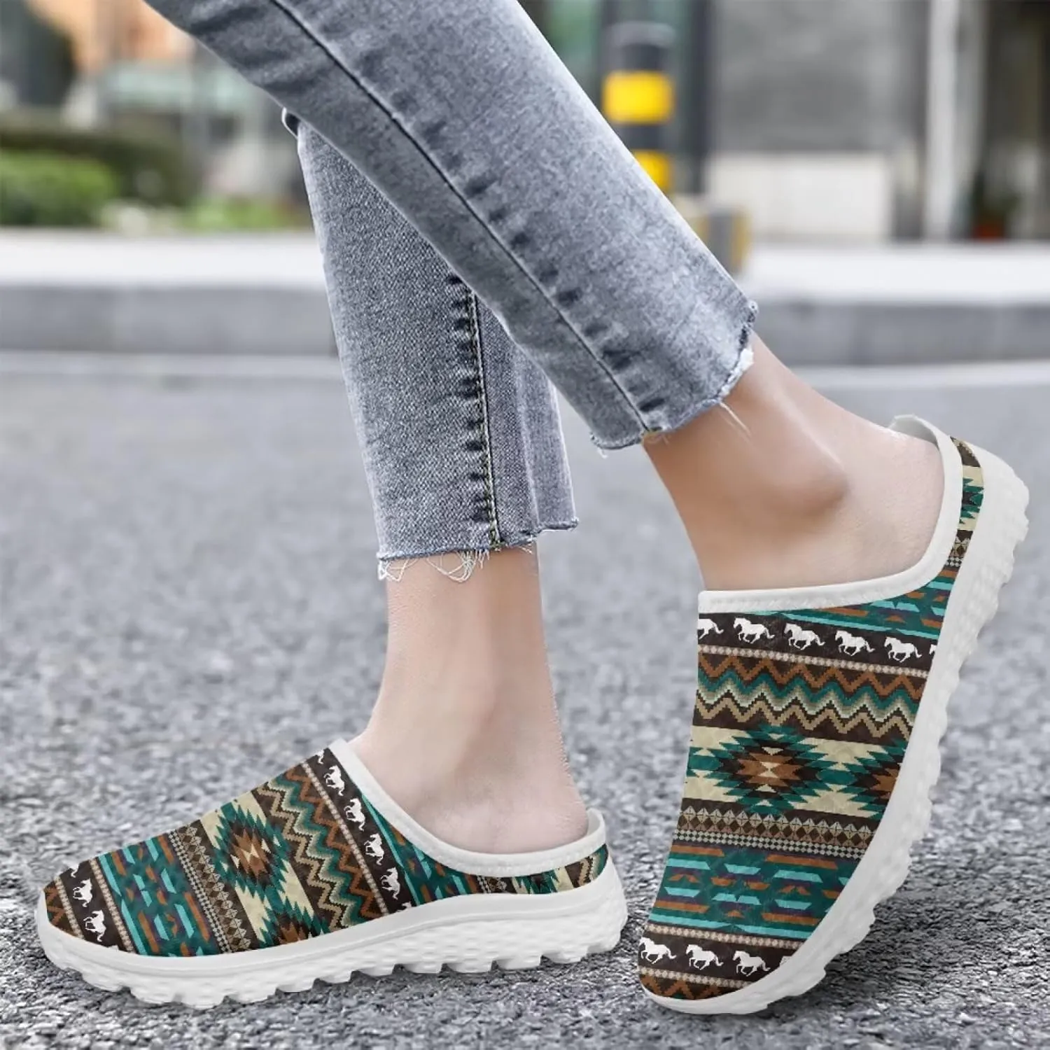 Retro Aztec Tribal Womens Walking Mules Sneakers Stylish Memory Foam Barefoot Slip On Teacher Nursing Loafers