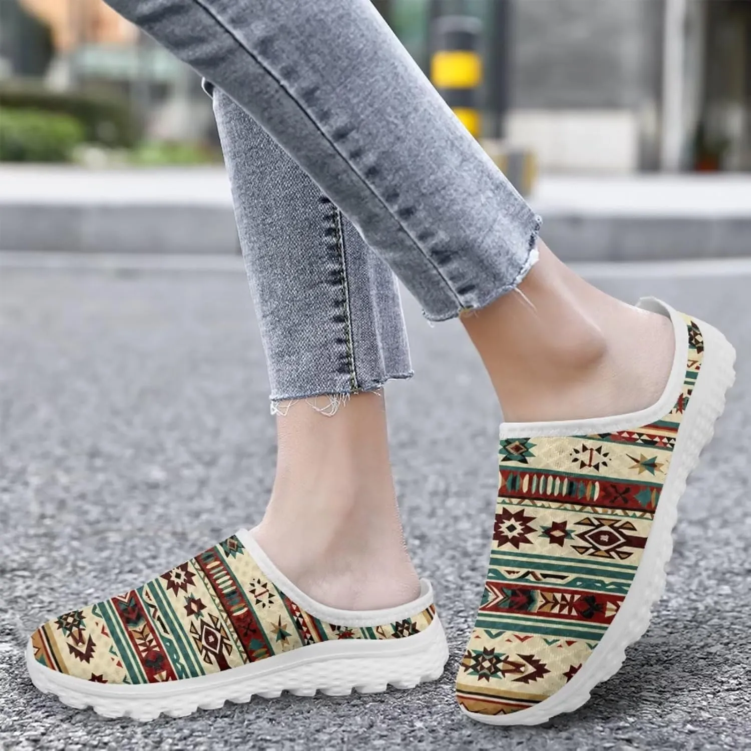 Retro Aztec Tribal Womens Walking Mules Sneakers Stylish Memory Foam Barefoot Slip On Teacher Nursing Loafers