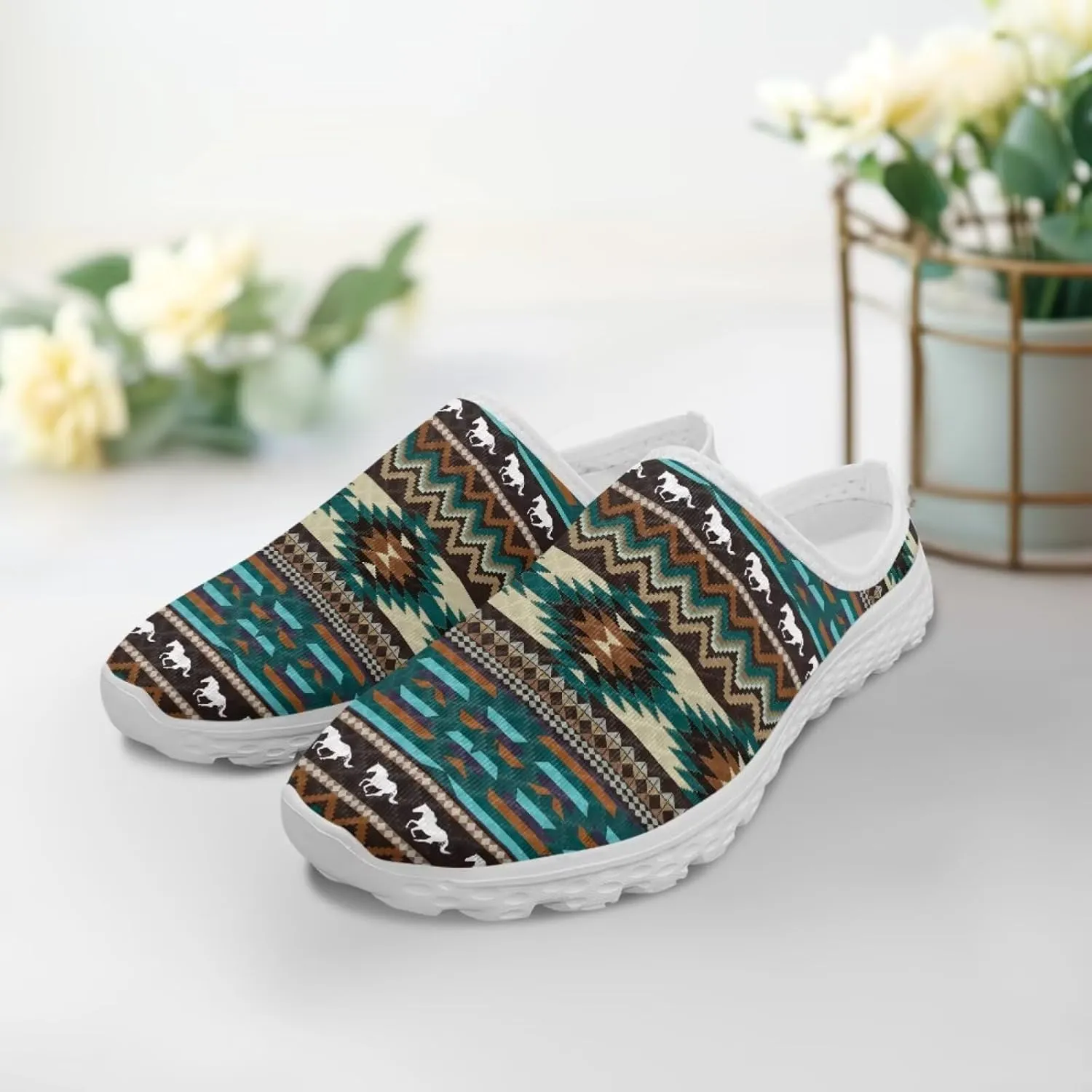 Retro Aztec Tribal Womens Walking Mules Sneakers Stylish Memory Foam Barefoot Slip On Teacher Nursing Loafers