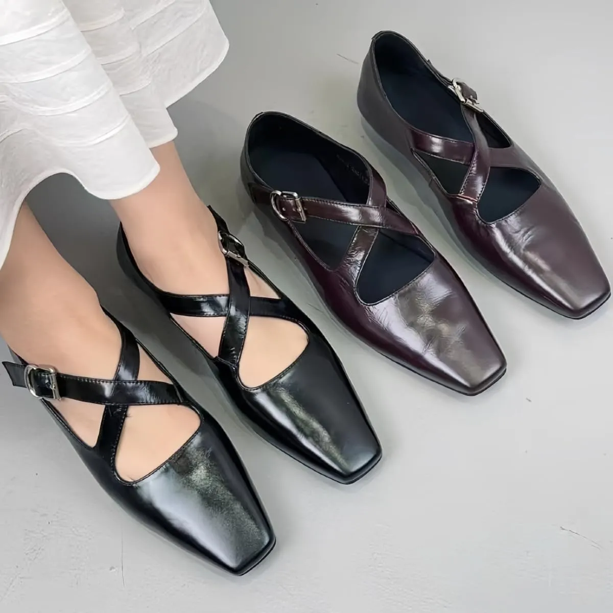 Retro Ballet Flats Shoes for Women with Metal Buckle Cross-Strap Genuine Leather Closed-Toe Mary Jane Shoes Dress Office Work Elegance Look