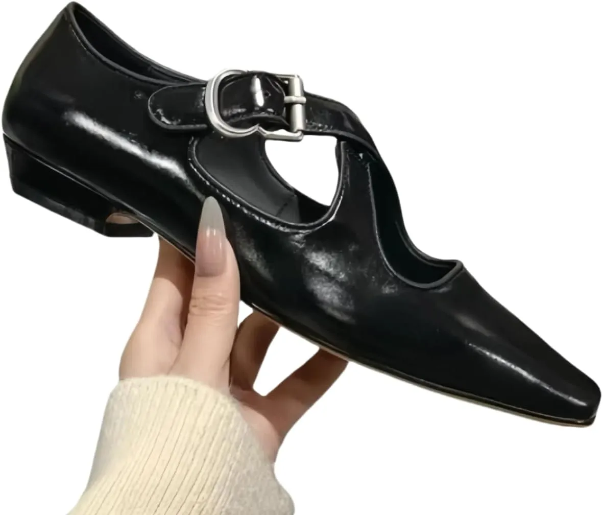 Retro Ballet Flats Shoes for Women with Metal Buckle Cross-Strap Genuine Leather Closed-Toe Mary Jane Shoes Dress Office Work Elegance Look