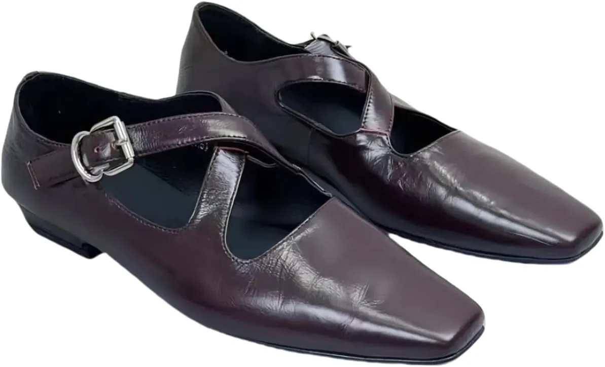 Retro Ballet Flats Shoes for Women with Metal Buckle Cross-Strap Genuine Leather Closed-Toe Mary Jane Shoes Dress Office Work Elegance Look