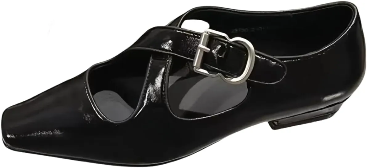 Retro Ballet Flats Shoes for Women with Metal Buckle Cross-Strap Genuine Leather Closed-Toe Mary Jane Shoes Dress Office Work Elegance Look