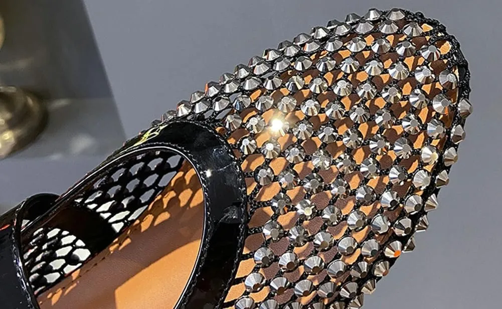 Rhinestone Mesh Ballet Flats for Women Comfortable Fishnet Flat Sandals Buckle Strap Casual Mary Jane Flats Dress Shoes 2025