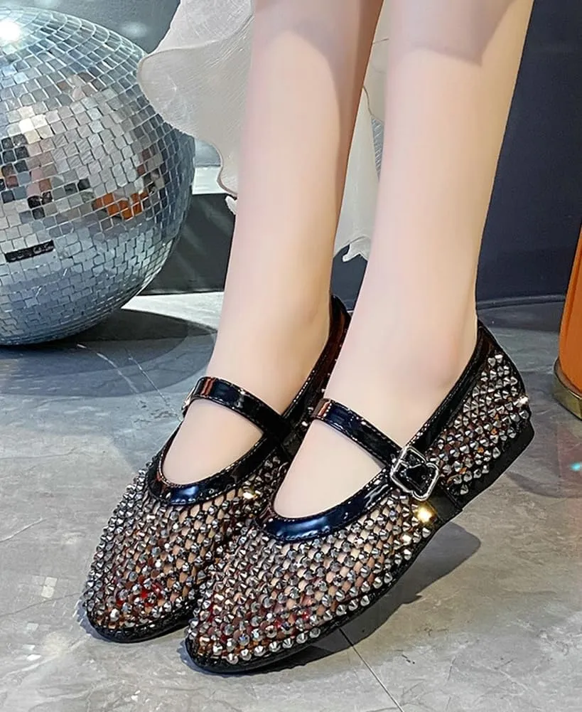 Rhinestone Mesh Ballet Flats for Women Comfortable Fishnet Flat Sandals Buckle Strap Casual Mary Jane Flats Dress Shoes 2025