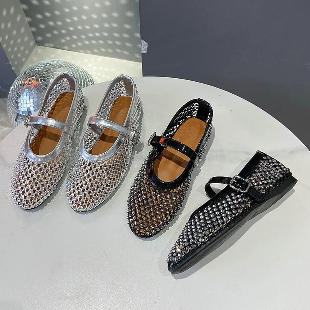 Rhinestone Mesh Ballet Flats for Women Comfortable Fishnet Flat Sandals Buckle Strap Casual Mary Jane Flats Dress Shoes 2025