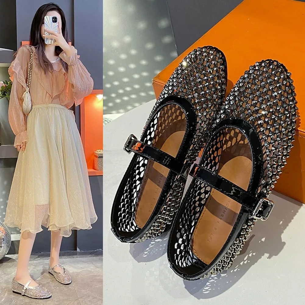 Rhinestone Mesh Ballet Flats for Women Comfortable Fishnet Flat Sandals Buckle Strap Casual Mary Jane Flats Dress Shoes 2025
