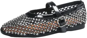 Rhinestone Mesh Ballet Flats for Women Comfortable Fishnet Flat Sandals Buckle Strap Casual Mary Jane Flats Dress Shoes 2025