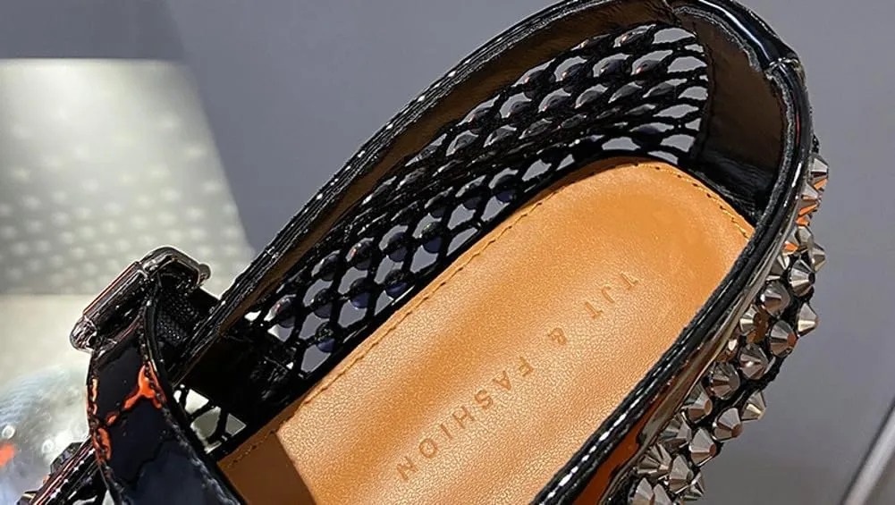 Rhinestone Mesh Ballet Flats for Women Comfortable Fishnet Flat Sandals Buckle Strap Casual Mary Jane Flats Dress Shoes 2025