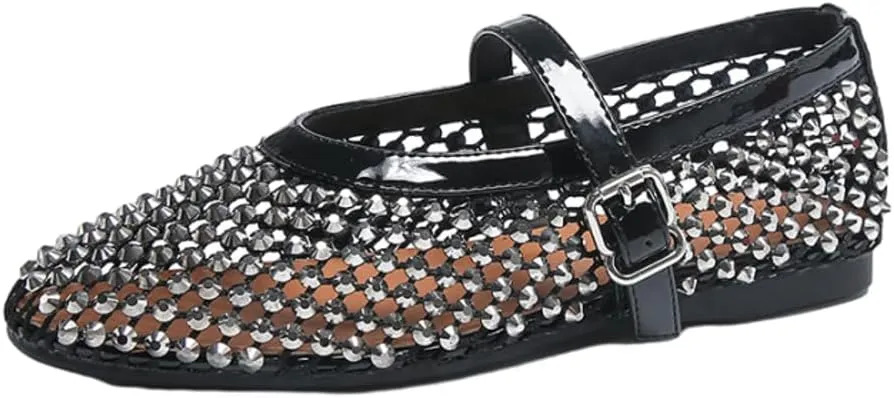 Rhinestone Mesh Ballet Flats for Women Comfortable Fishnet Flat Sandals Buckle Strap Casual Mary Jane Flats Dress Shoes 2025