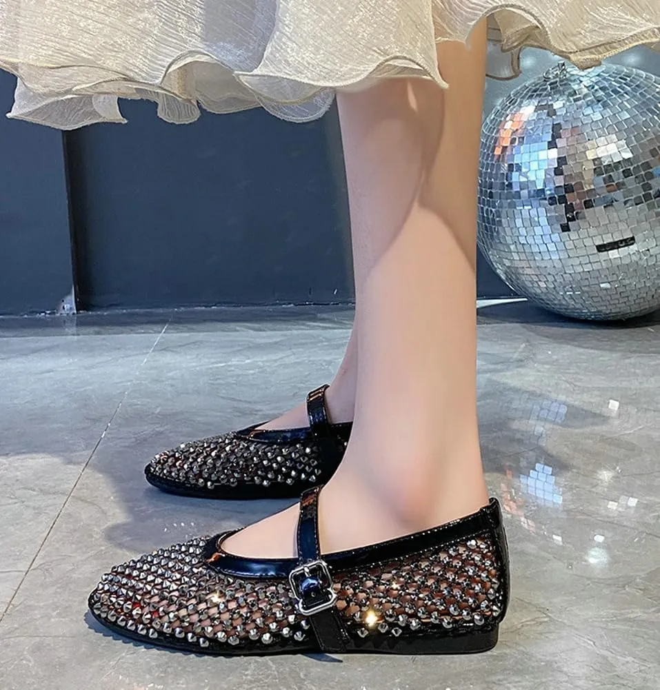 Rhinestone Mesh Ballet Flats for Women Comfortable Fishnet Flat Sandals Buckle Strap Casual Mary Jane Flats Dress Shoes 2025