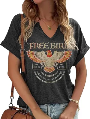 Rock Band T-Shirt for Women V-Neck Country Music Short Sleeved Shirt Retro Nashville Guitar Graphic Hollowed Tee Tops