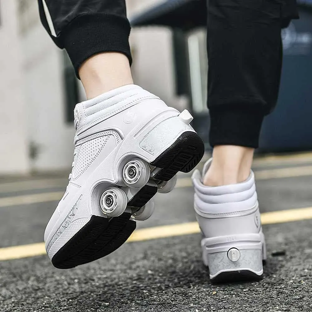Roller Skates for Women Men Outdoor,2 in1 Parkour Shoes with Wheels for Girls/Boys,Double Row Deform Kick Roller Shoes Retractable Adults/Kids,Quad Roller Skates,Skating Shoes Recreation Sneakers