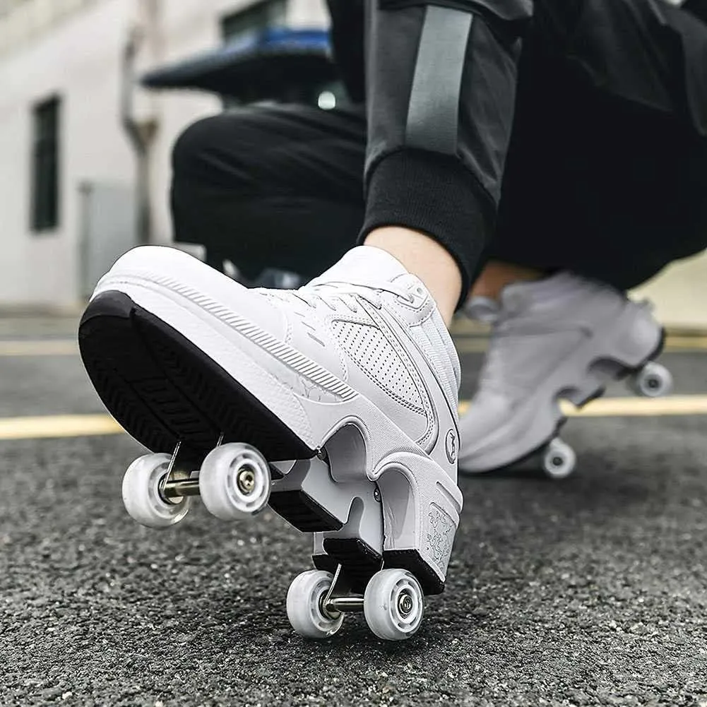 Roller Skates for Women Men Outdoor,2 in1 Parkour Shoes with Wheels for Girls/Boys,Double Row Deform Kick Roller Shoes Retractable Adults/Kids,Quad Roller Skates,Skating Shoes Recreation Sneakers