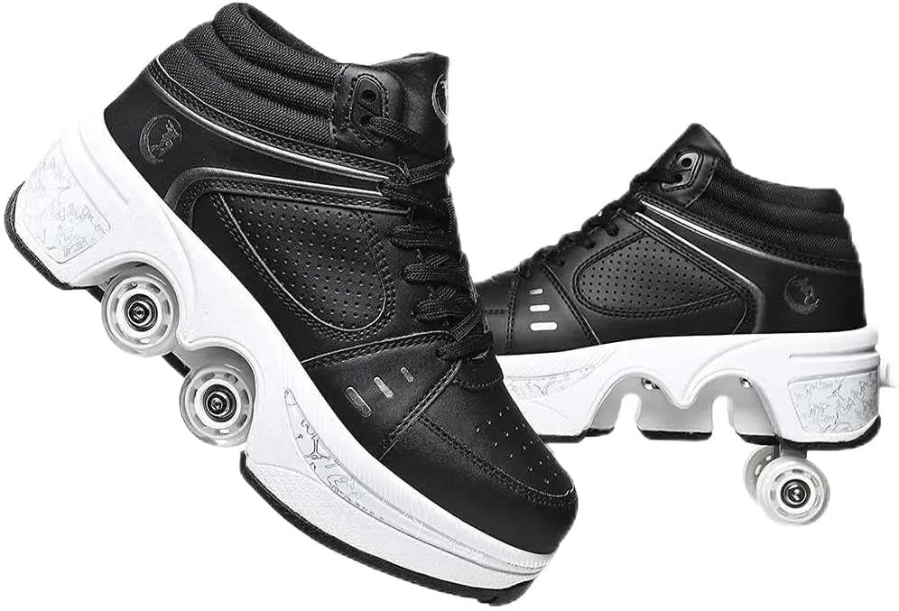 Roller Skates for Women Men Outdoor,2 in1 Parkour Shoes with Wheels for Girls/Boys,Double Row Deform Kick Roller Shoes Retractable Adults/Kids,Quad Roller Skates,Skating Shoes Recreation Sneakers
