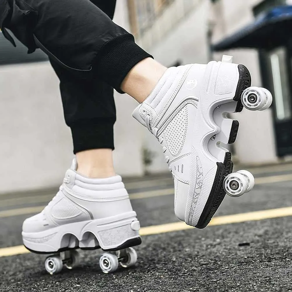 Roller Skates for Women Men Outdoor,2 in1 Parkour Shoes with Wheels for Girls/Boys,Double Row Deform Kick Roller Shoes Retractable Adults/Kids,Quad Roller Skates,Skating Shoes Recreation Sneakers