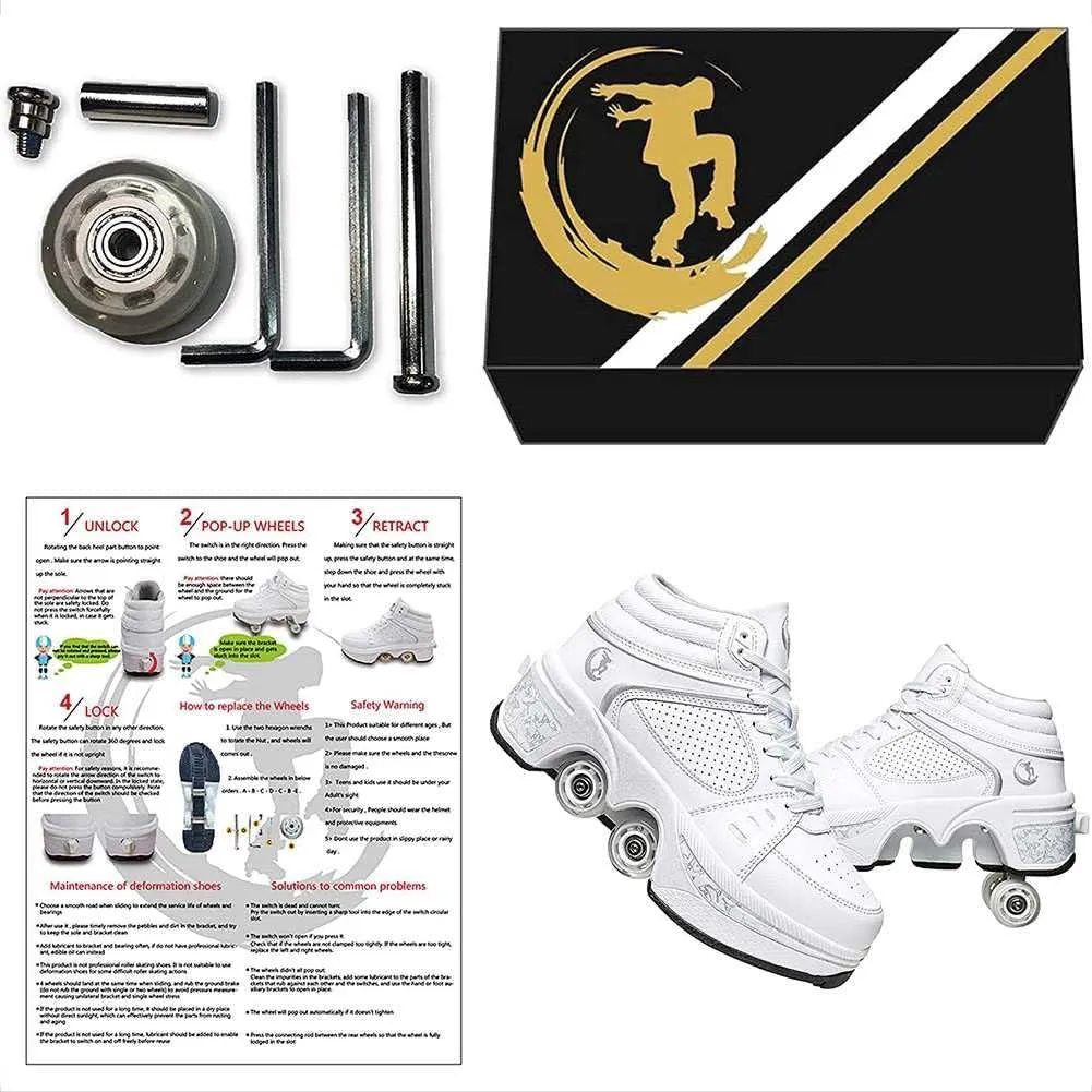 Roller Skates for Women Men Outdoor,2 in1 Parkour Shoes with Wheels for Girls/Boys,Double Row Deform Kick Roller Shoes Retractable Adults/Kids,Quad Roller Skates,Skating Shoes Recreation Sneakers
