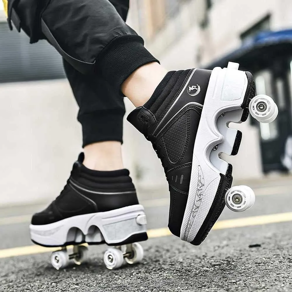 Roller Skates for Women Men Outdoor,2 in1 Parkour Shoes with Wheels for Girls/Boys,Double Row Deform Kick Roller Shoes Retractable Adults/Kids,Quad Roller Skates,Skating Shoes Recreation Sneakers