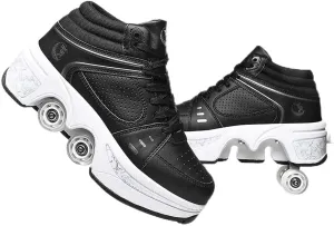 Roller Skates for Women Men Outdoor,2 in1 Parkour Shoes with Wheels for Girls/Boys,Double Row Deform Kick Roller Shoes Retractable Adults/Kids,Quad Roller Skates,Skating Shoes Recreation Sneakers