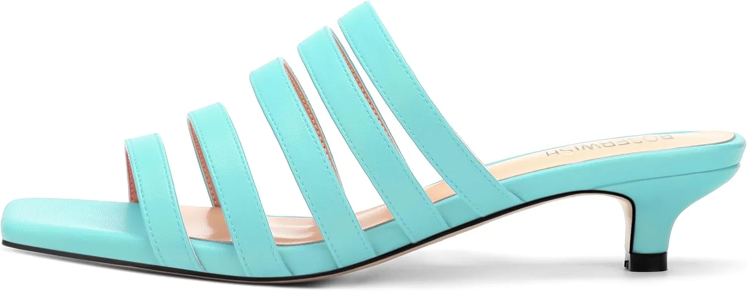 ROSERWISH Women's Strappy Heels Square Open Toe Slip On Low Kitten Heel Slide Heeled Sandals for Daily Party Dress Shoes