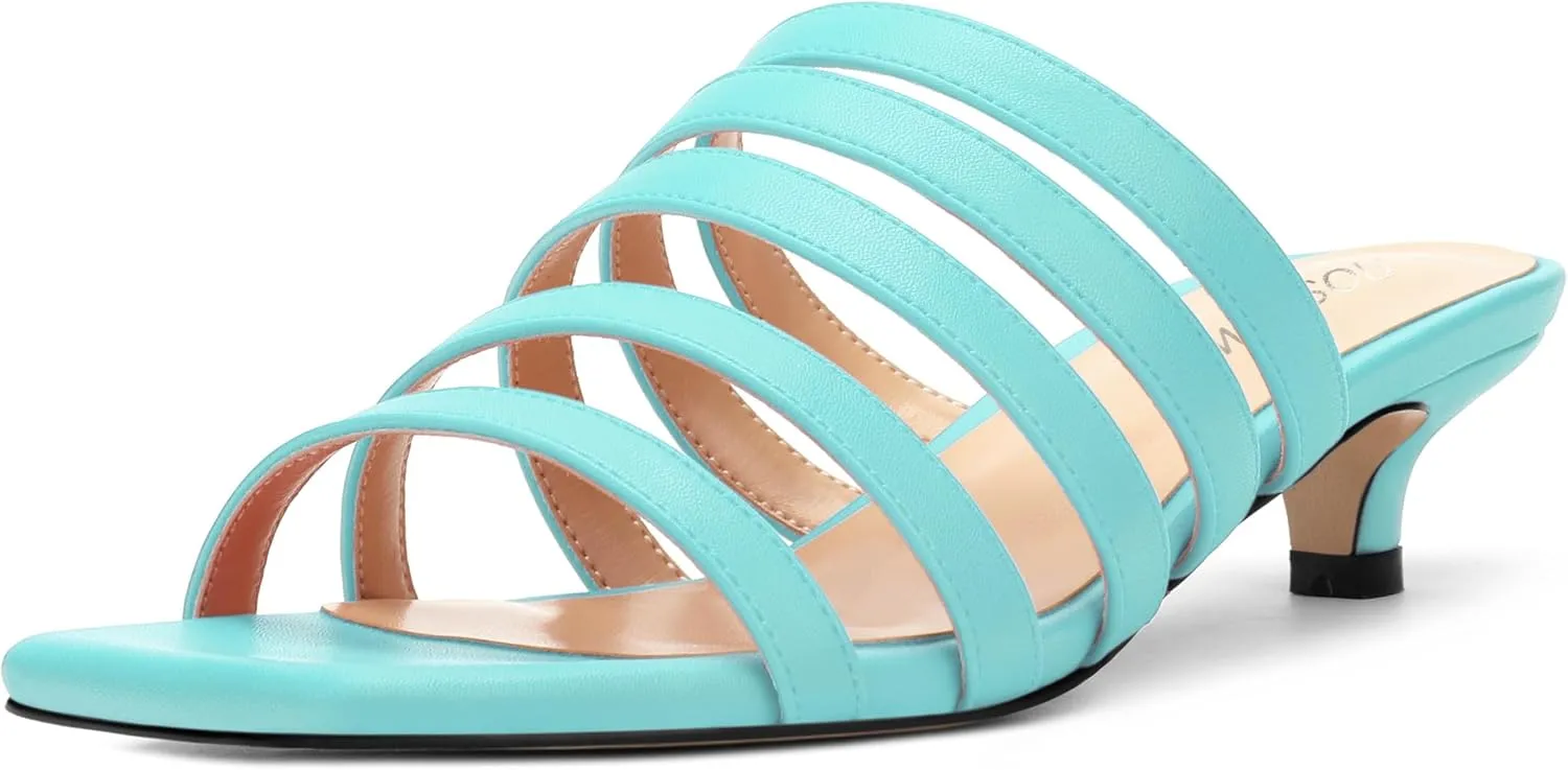 ROSERWISH Women's Strappy Heels Square Open Toe Slip On Low Kitten Heel Slide Heeled Sandals for Daily Party Dress Shoes