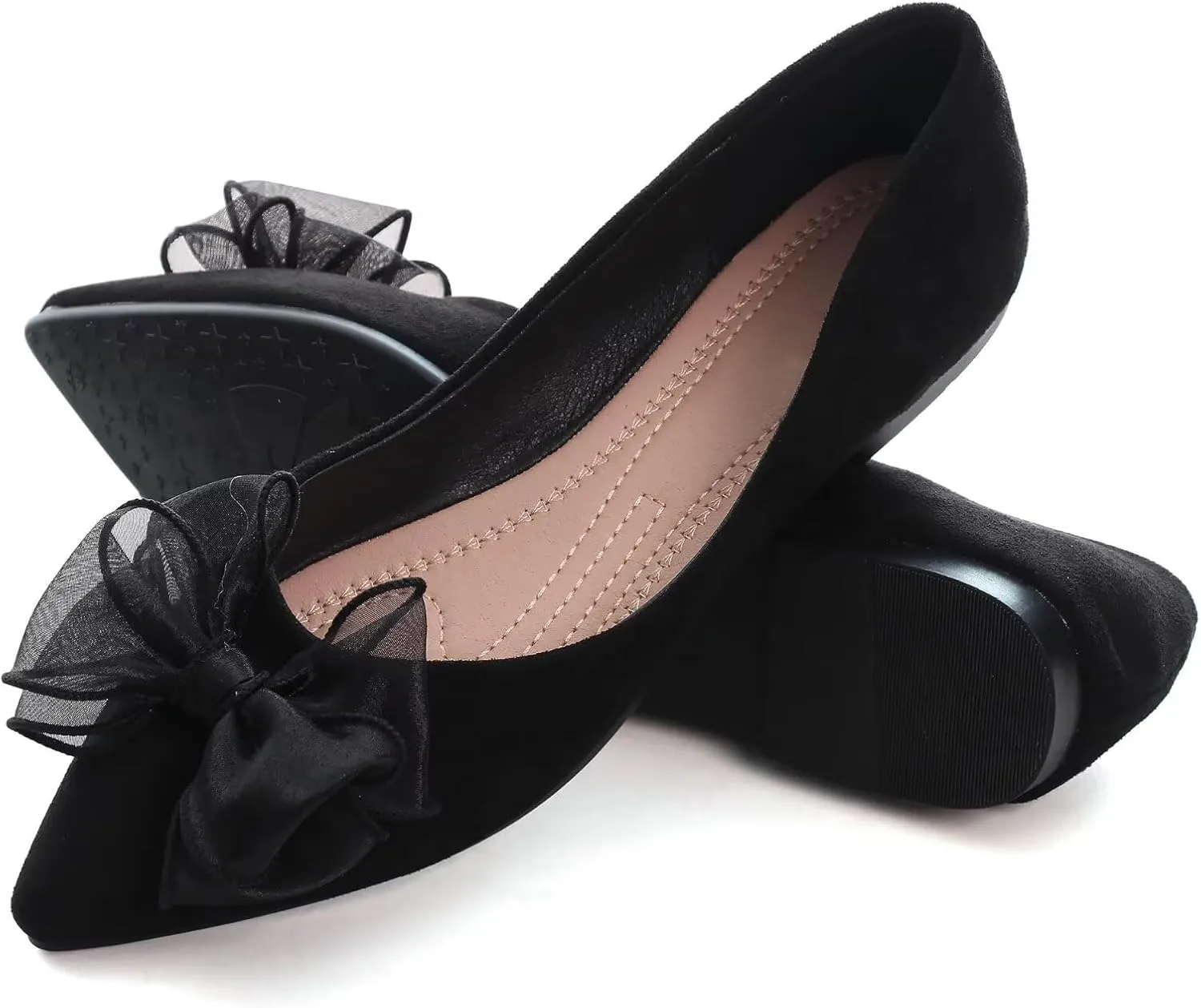 SAILING LU Bowknot Ballet Flats Womens Pointy Toe Casual Flat Shoes Suede Dress Shoes Wear to Work Slip On Moccasins